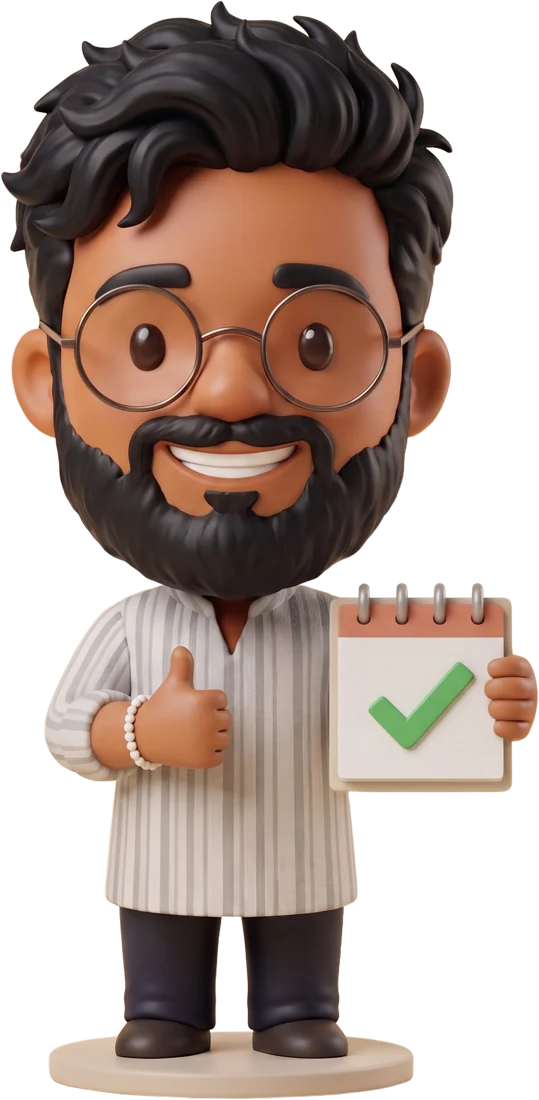 Cartoon figurine of Anmol giving a thumbs up